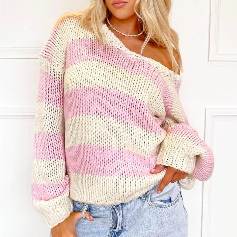 Beginning Boutique Delvey Pink Striped Chunky Knit Sweater